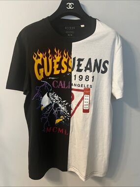 GUESS Black & White Split Graphic Short Sleeve Tee with Yellow Flame Logo